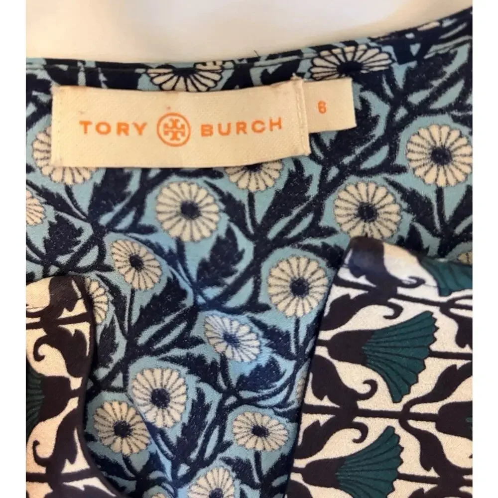 Tory Burch Long Sleeve Dress Goemetric/Floral Pattern Blue Green V-neck Size 6